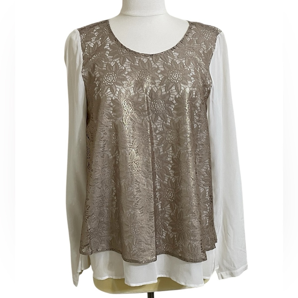 New MAX VOLMARY Diamonds and Pearls  Ivory Silk Taupe Lace Overlay Blouse Size 6